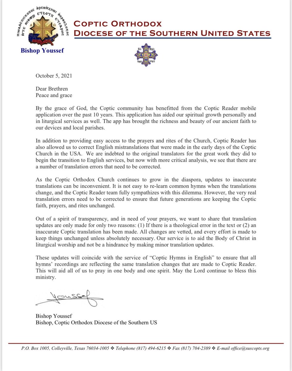 CopticReader's tweet image. A message from HG Bishop Youssef concerning CopticReader’s translation policy and our unwavering commitment to the future of unifying the English-speaking diaspora and chanting hymns in English.