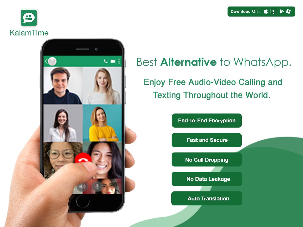 KalamTimeTweets's tweet photo. KalamTime is a best alternative to #Whatsapp. It is highly secured. Offers multi-layer data encryption. Free audio-video calls, group calls and messages throughout the world. Available on iOS, Android, Tablet and Desktop.

Download on Android: https://t.co/pqM1iPuNBS
#KalamTime https://t.co/wMJbBE8CAR