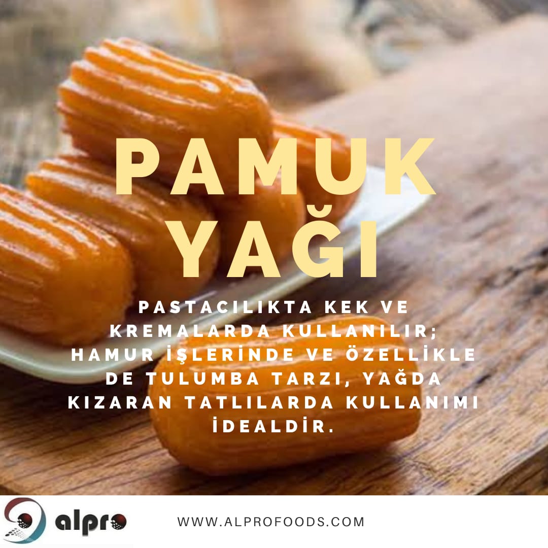 Pastacılıkta kek ve kremalarda kullanılır; hamur işlerinde ve özellikle de tulumba tarzı, yağda kızaran tatlılarda kullanımı idealdir. #Pamuk #oil #tatlı