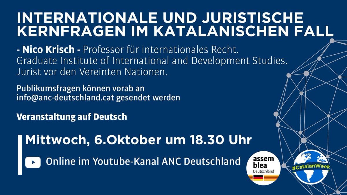 assemblea's tweet image. ⬛️⬜️🌍 Avui, en el marc de la #CatalanWeek:

📍 18.30 h: la vessant jurídica i internacional de la qüestió catalana. Amb @NicoKrisch 🎥@ANC_De.

📍 19 h: fake news i desinformació contra la dissidència política a la UE. Amb @barbara_roviro, @Tsavkko i @mstrubell 🎥@assemblea_int.