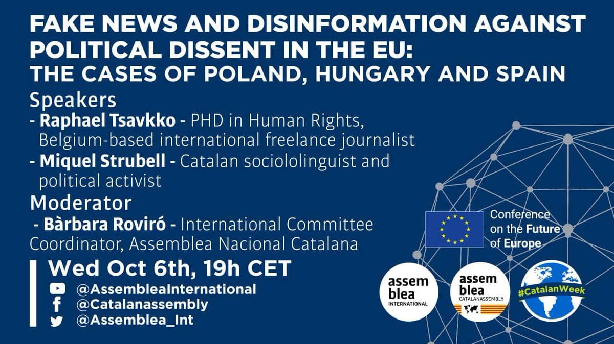 assemblea's tweet image. ⬛️⬜️🌍 Avui, en el marc de la #CatalanWeek:

📍 18.30 h: la vessant jurídica i internacional de la qüestió catalana. Amb @NicoKrisch 🎥@ANC_De.

📍 19 h: fake news i desinformació contra la dissidència política a la UE. Amb @barbara_roviro, @Tsavkko i @mstrubell 🎥@assemblea_int.