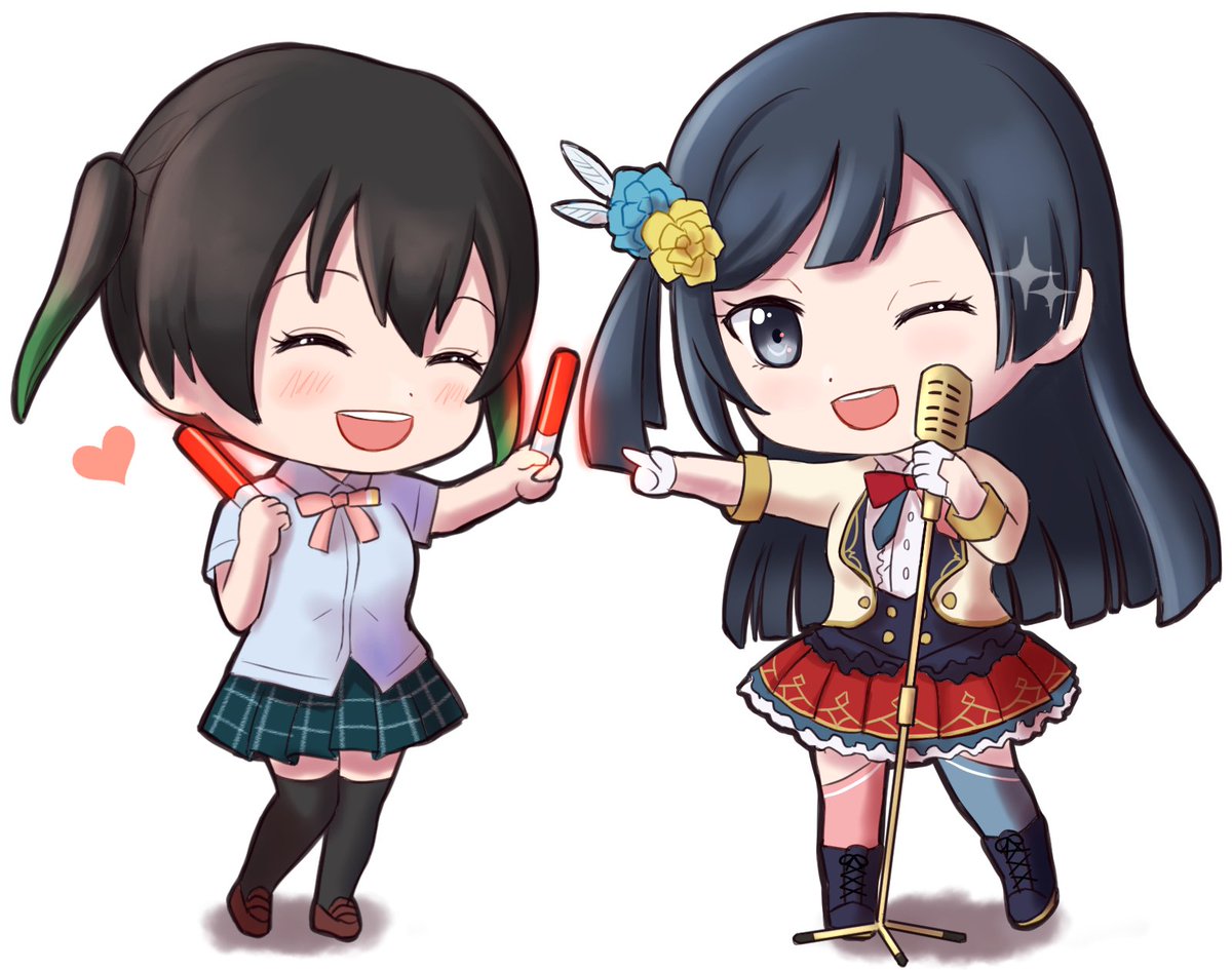 takasaki yuu ,yuuki setsuna (love live!) multiple girls black hair 2girls glowstick nijigasaki academy school uniform thighhighs chibi  illustration images