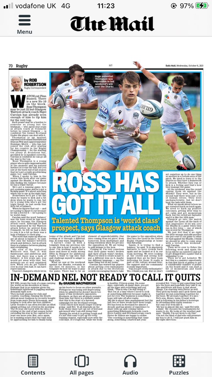 Ross Thompson,22, of Glasgow Warriors to be the next world class fly-half to represented Scotland? Glasgow attack coach Nigel Carolan- who had a similar role at Connacht - thinks he has the potential to be world class. Praise indeed. Story ⁦@ScotMailSport⁩