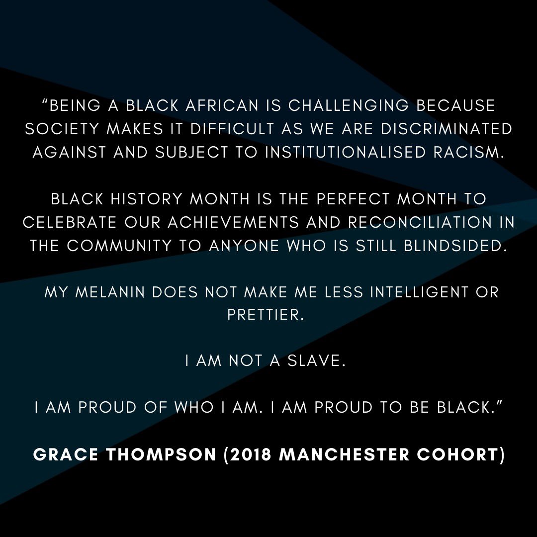 Shamaine_91's tweet photo. BLACK HISTORY MONTH:

A beautiful quote from Grace Thompson @LeadershipTSBiz Alumni from Manchester 2018 Cohort.

We are committed to working with young people like Grace and celebrate their history, present and future!

#blackhistorymonth #diversityandinclusion https://t.co/fBy8A40vWY