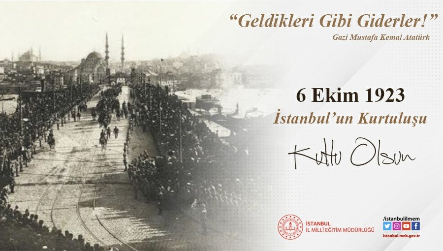 İstanbul'umuzun düşman işgalinden kurtuluşunun 98. yıldönümü vesilesiyle, başta Gazi Mustafa Kemal Atatürk ve istiklal kahramanları olmak üzere, bu güzel vatanı bizlere emanet eden ve onun uğrunda canını ortaya koyan tüm şehit ve gazilerimizi saygı ve rahmetle anıyoruz.