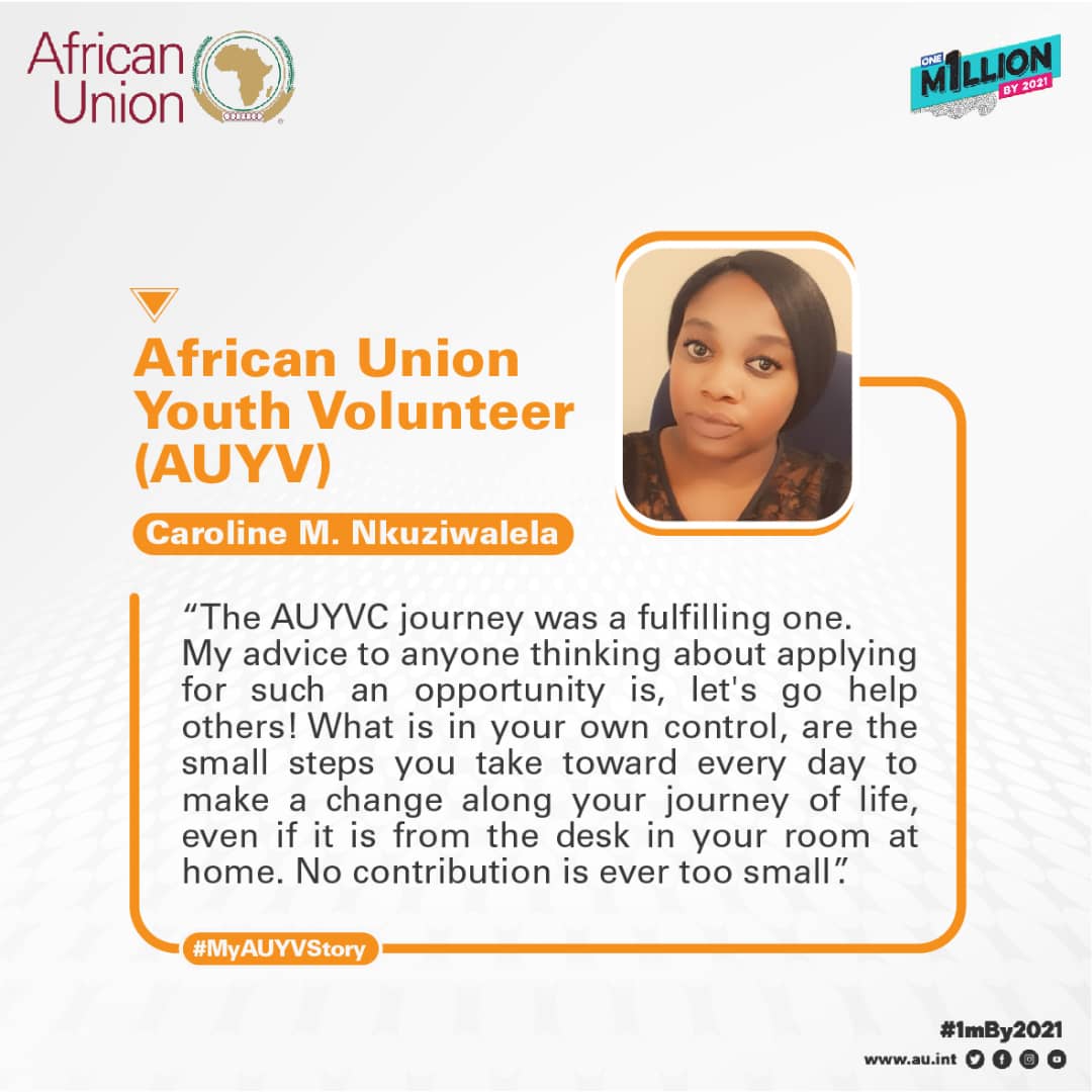 AUYouthProgram's tweet photo. "My #AUYV journey was a fulfilling one... let's go help others! No contribution is ever too small", ~ Caroline Nkuziwalela,  tells us her experience as an AU Youth Volunteer.

Read more ➡️➡️ https://t.co/6ImhsZWIYm

#1millionby2021 #MyAUYVStory https://t.co/TYD8IoF0yw