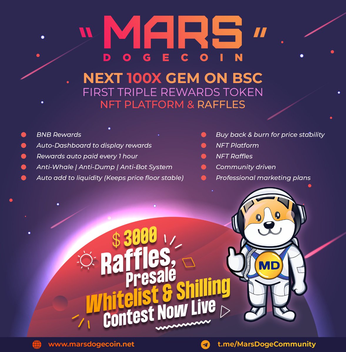 🚨Mars DogeCoin $MDC next 100X BSC Gem. Best Rewards Token on BSC. First Triple Rewards System Ever. BNB, USDT and MDC at the same time.🚨🔥🔥🔥Our Presale Whitelist, 3000$ Raffles &amp; Shilling Contest is now live🔥🔥🔥

sweepwidget.com/view/34338-hw9…

#BSCGems #presale #dxsale #dogecoin