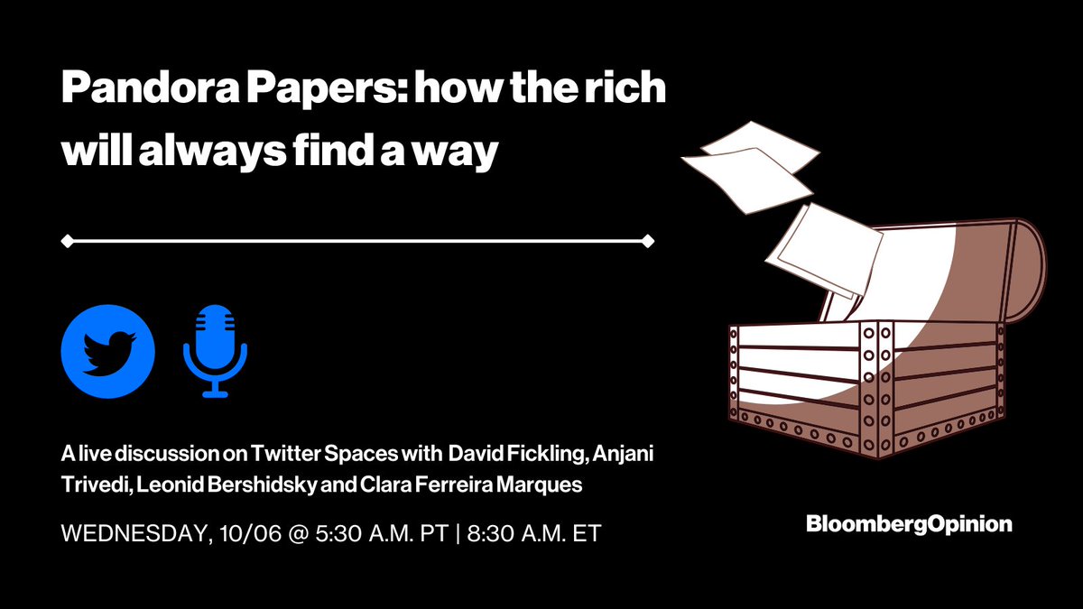 opinion's tweet photo. How can governments best address the cause of tax avoidance? 

🎤 Join us for a LIVE discussion about the Pandora Papers in 30 minutes on @TwitterSpaces with @anjani_trivedi @davidfickling @Bershidsky @claraDFMarques https://t.co/se9gXw8L9c