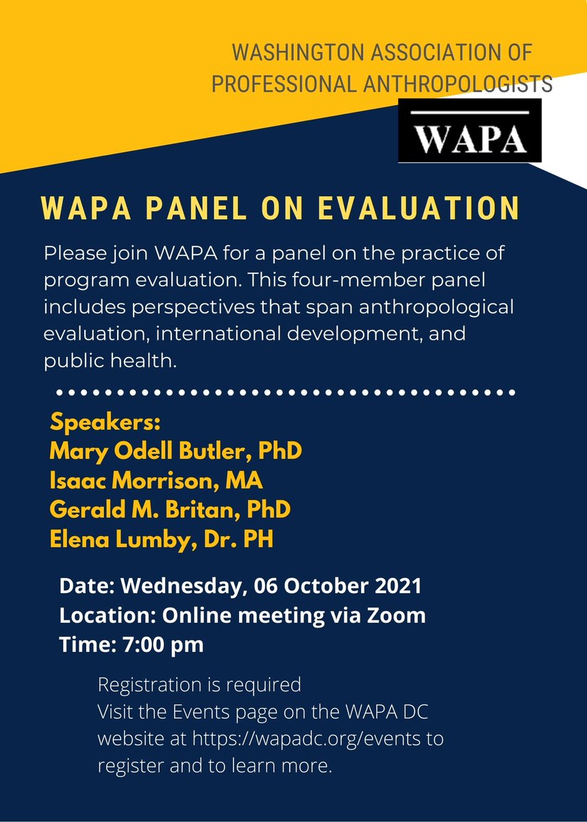 * UPCOMING EVENT *
Join us tonight from 7:00 PM - 9:00 PM EST for the WAPA Panel on Evaluation.
Click the link to register and to learn more: bit.ly/3BhGB3Z