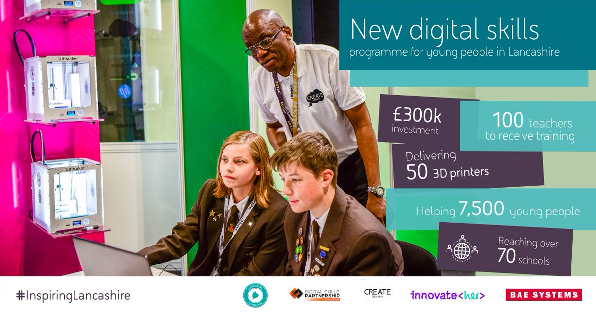 In collaboration with @LancsSkillsHub, <a href="/innovateheruk/">InnovateHer ®</a> &amp; <a href="/CREATE_EDU_PROJ/">CREATE Education</a>, we're supporting 2 programmes to help build Lancashire's future digital workforce, through training, online education &amp; 3D printers for 70 schools in the region baes.co/SX4x50GmIei #InspiringLancashire
