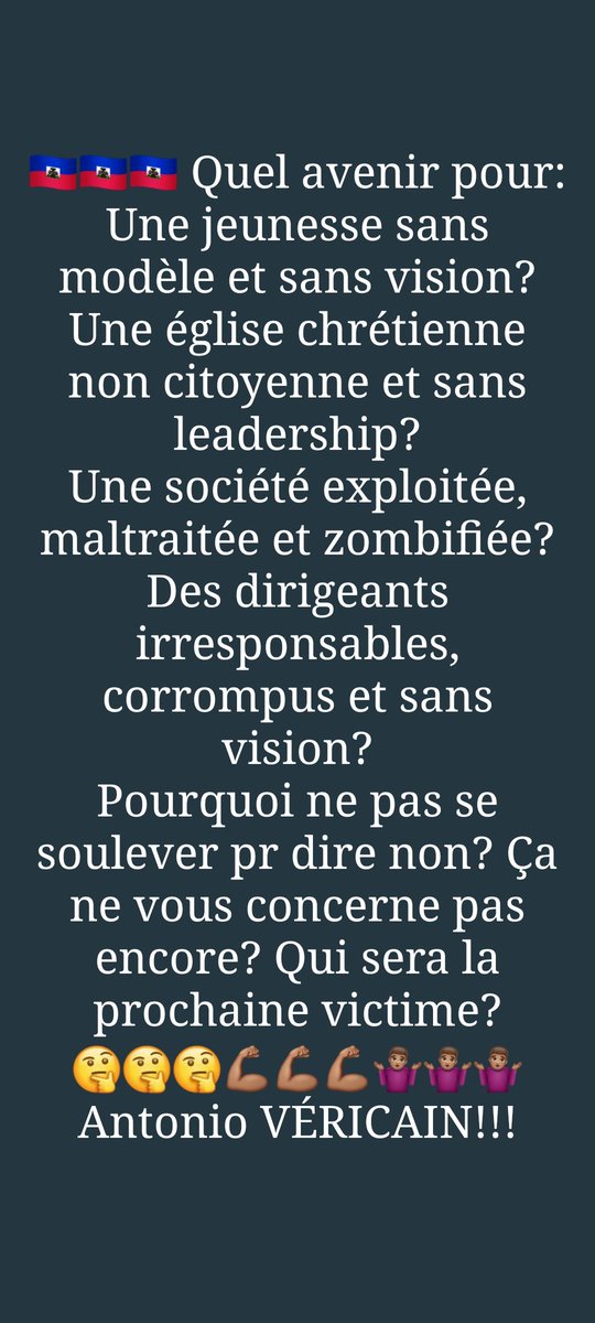 AntonioDepute's tweet photo. Ça va très mal...
On ne doit pas se faire complice par son silence.
Rappelons que des sociétés savaient disparaître dans le temps.
Si nous les haïtiens disons ou ne faisons rien, nous pouvons subir le même sort.
#ConsciencePatriotique!!! https://t.co/sCjFMZmhQz
