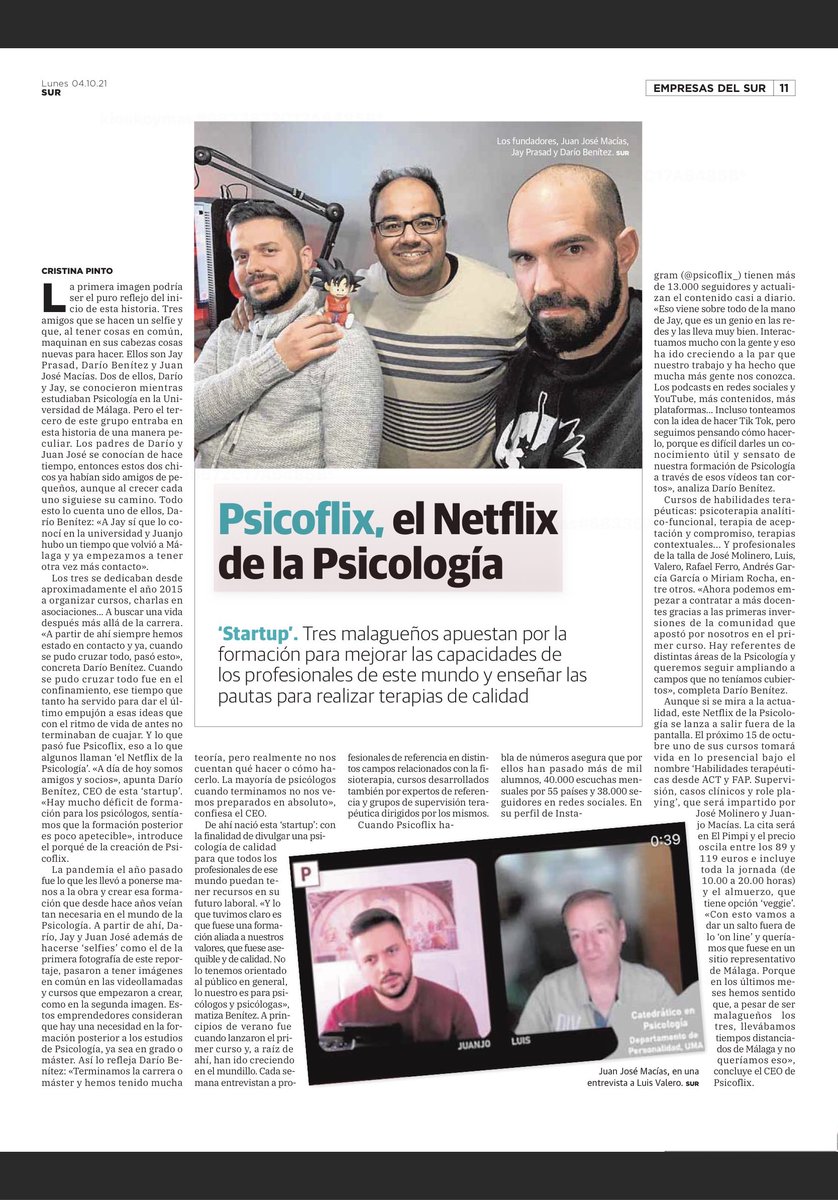 ¡Estamos muy emocionados! Este lunes nos entrevistaron en el <a href="/DiarioSUR/">SUR. El periódico de Málaga</a> de Málaga, hablando de Psicoflix y la psicología científica.

Muchísimas gracias por permitirnos hacer cosas tan chulas como esta, esto solo es posible gracias a vuestro apoyo ♥️