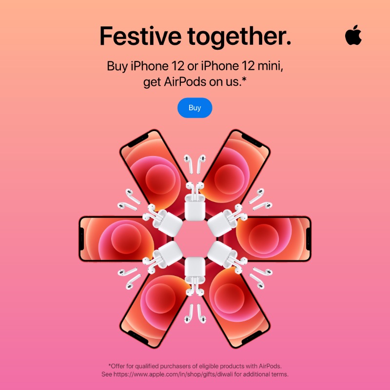 Apple's tweet photo. Festive offer with twice the joy! Buy iPhone 12 or iPhone 12 mini and get AirPods on us. Personalise your AirPods by adding free engraving. Choose from seven regional languages, emojis and more. For additional savings trade in your old phone.