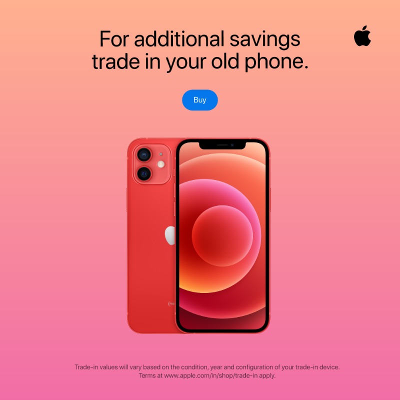Apple's tweet photo. Festive offer with twice the joy! Buy iPhone 12 or iPhone 12 mini and get AirPods on us. Personalise your AirPods by adding free engraving. Choose from seven regional languages, emojis and more. For additional savings trade in your old phone.