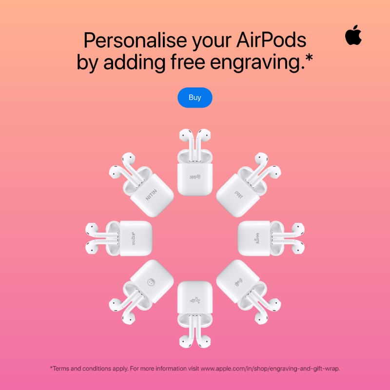 Apple's tweet photo. Festive offer with twice the joy! Buy iPhone 12 or iPhone 12 mini and get AirPods on us. Personalise your AirPods by adding free engraving. Choose from seven regional languages, emojis and more. For additional savings trade in your old phone.