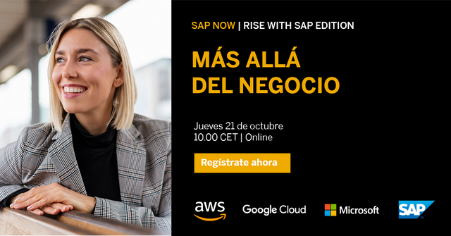 jrgprzgrc's tweet photo. El 21 de octubre a las 10:00h estás invitado a una edición especial de #SAPNOW en la que descubrirás todo el potencial de #RISEwithSAP de la mano de invitados especiales como @awscloud_es, @GoogleES o @MS_Empresas. https://t.co/rxTCzHHj8T https://t.co/l6XqjmSPgW