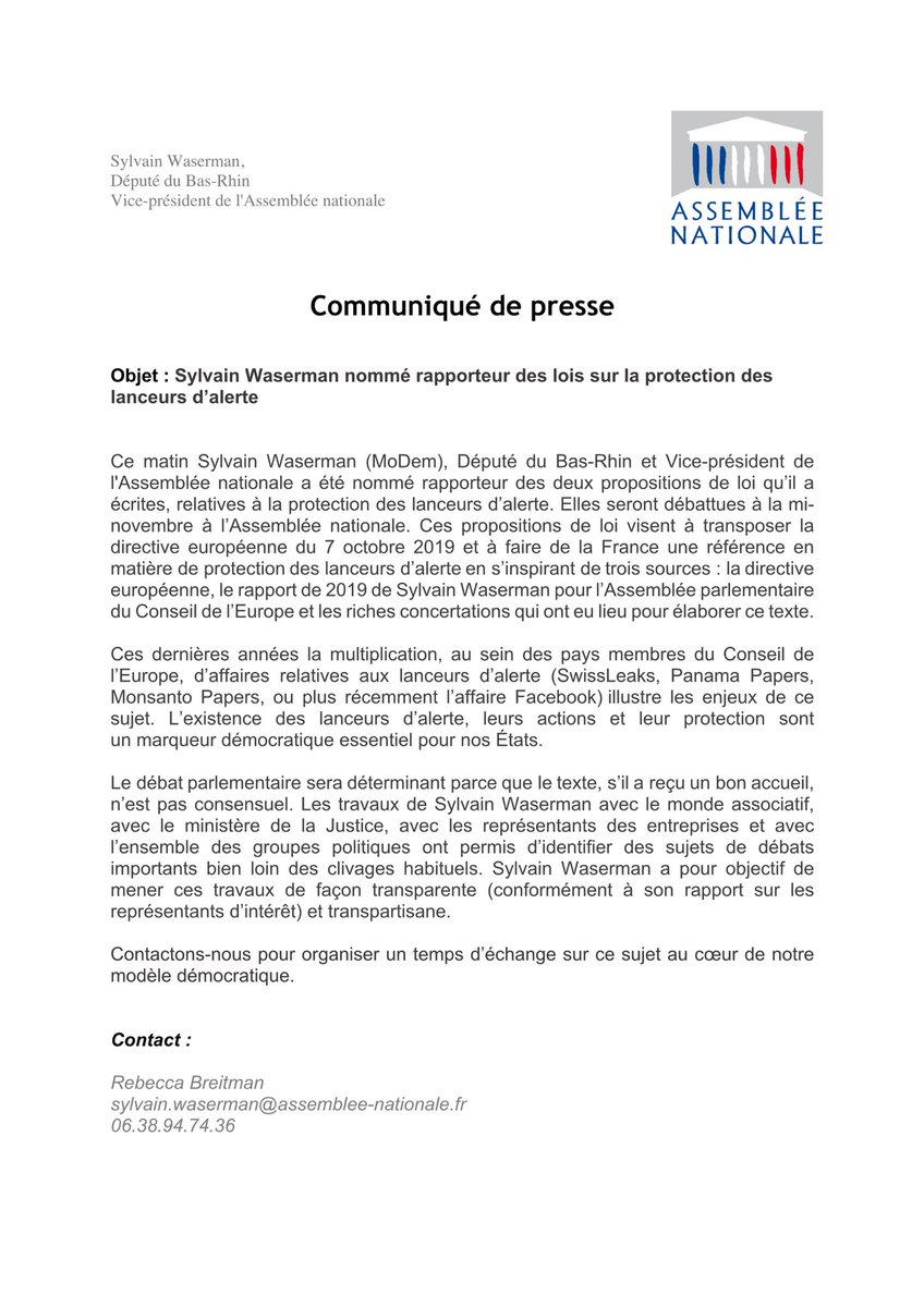 SylvainWaserman's tweet photo. L’existence des #LanceursdAlerte est un marqueur démocratique essentiel pour nos États.

Heureux d’avoir été nommé rapporteur des lois que j ai écrites sur les lanceurs d’alerte. 

Nous devons faire de la 🇫🇷 un pays à la pointe de leur protection ! https://t.co/p4Ds1fj7ol