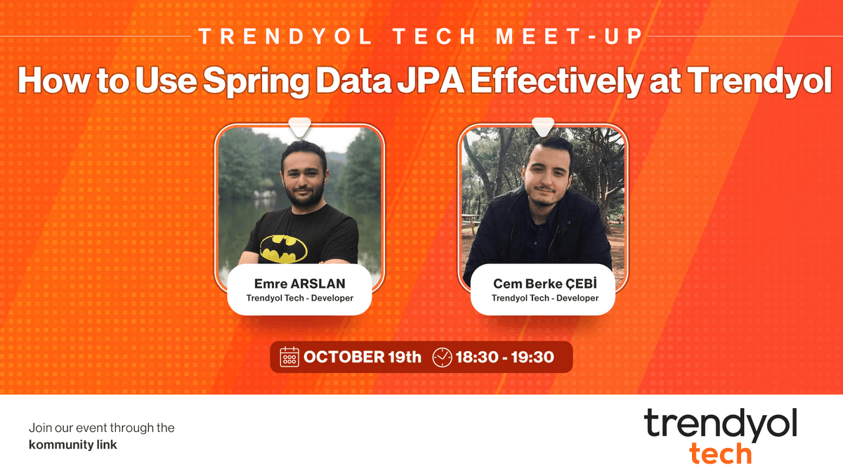 urassenol's tweet photo. Trendyol Tech Meet-up etkinliklerimiz devam ediyor!

19 Ekim'de Spring Data JPA ile ilgili deneyimlerimizi paylaşacağımız etkinliğe tüm teknoloji meraklılarını bekliyoruz.

Etkinlik Linki : https://t.co/bj3awOo3zX

Yayın Linki : https://t.co/woukdq9eDd https://t.co/N8h2OGl00C