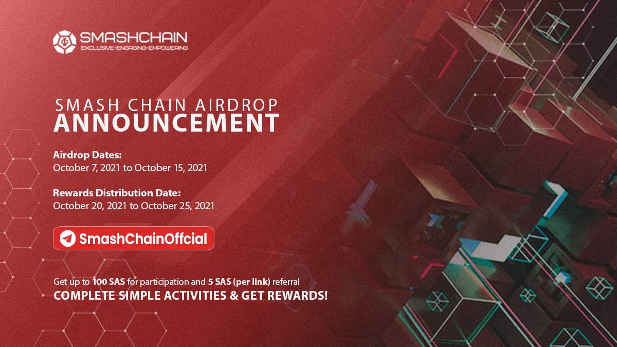 🪂 #SmashChain's #Airdrop Campaign is LIVE now🪂

💰Reward Pool: 200,000 $SAS tokens.

1️⃣Do 5 tasks
2️⃣Get 100 #SAS tokens
3️⃣Refer more to earn more

🚀Airdrop Link: t.me/SmashChainAird…
🗒Rules: reddit.com/r/SmashChain_O…

Good Luck guys