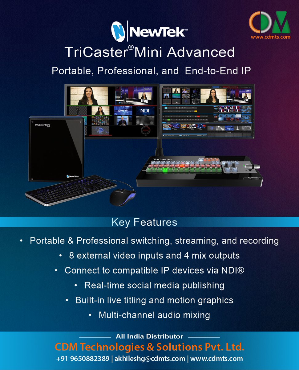 CDMTS's tweet photo. 👉Newtek Tricaster Mini:
The Latest Capabilities for NewTek Live Production Systems

#NewTek #tricastermini #SDI #HDMI #recording #media #Storage #playback #audiomixing #video #multimedia #videoproduction #Studio #broadcast #streaming #ott  #broadcasting #NewTekInc https://t.co/STYdZyeUBi