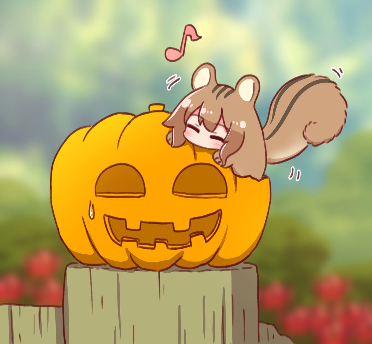 ケモミミちゃん 「ハロウィン用に飾ってあるカボチャを食べてしまう野生のケモミミちゃん 」|ながユーのイラスト