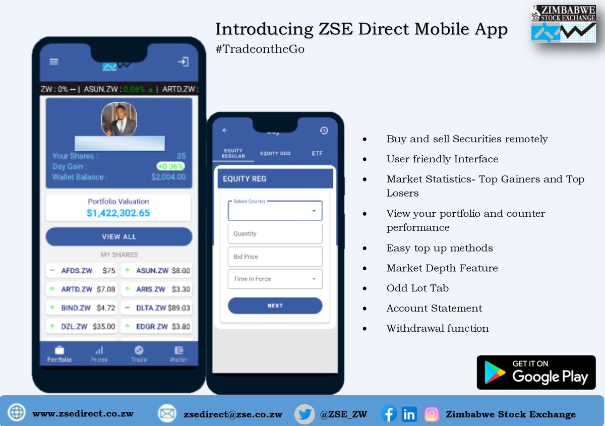 As part of the ZSE initiatives to promote #financialinclusion and promote #financialliteracy, the ZSEDirect mobile app was designed to make investing on the stock market and managing investments easy and convenient for a first-time investor 
#retailinvestment