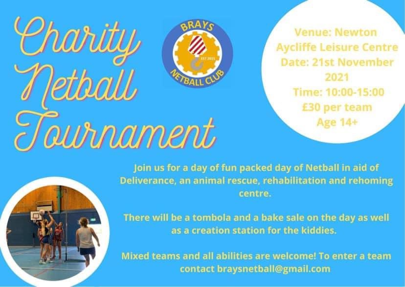 BrayKaren's tweet photo. Brays Netball are hosting a Chatity Netball Tournament for Deliverence Animal Rescue. Aycliffe Leisure Centre 21st November all welcome. Please email if you would like to enter a team …🐾 https://t.co/Yro9y4jxm0