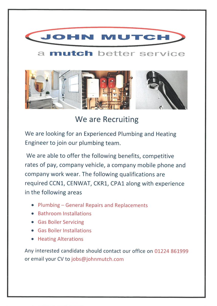 JMBSltd's tweet photo. We are still looking for an experienced plumbing and heating engineer to join our team. 

Please give our post a like and a share to help us spread the news.
Thanks very much ✔️😀👷
#recruiting #plumberAberdeen #jobaberdeen #vacancy https://t.co/n7QHQy1Bk5