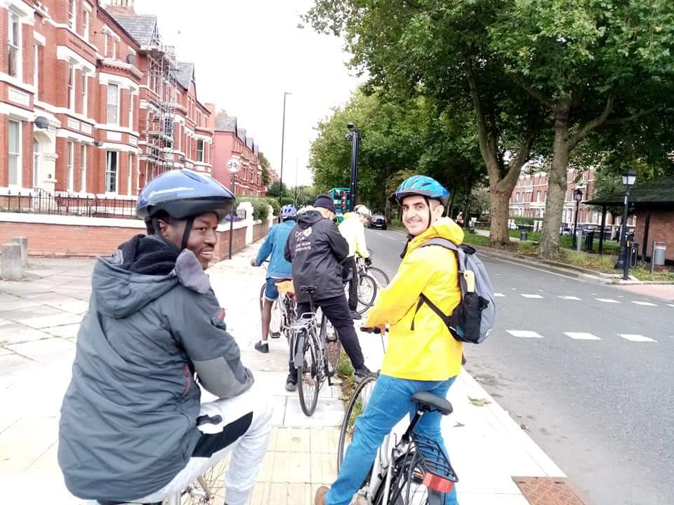 cycleoflife8's tweet photo. Helping newly arrived get confident on British roads with @AsylumLink #cycleconfidence #Liverpool #asylum https://t.co/bXsJ0bFElT