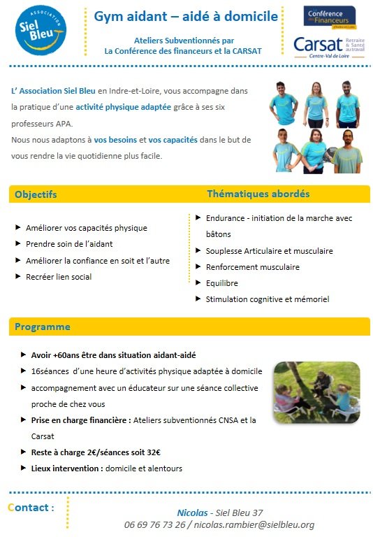 SielBleu37's tweet photo. En cette journee national des aidants, grâce  @CarsatCVL et @CNSA_actu @conf_financeurs nous lançons Gym aidant-aide à domicile partout en Indre-et-loire! https://t.co/Q8Wu9fymov