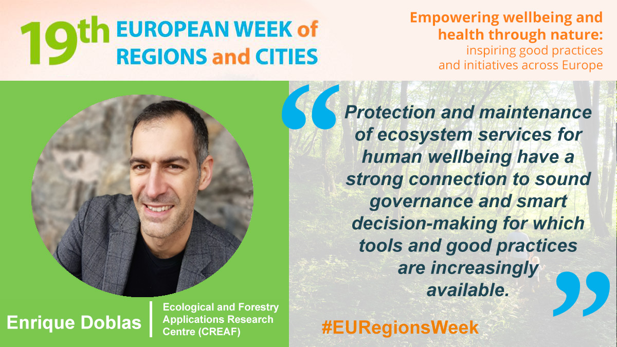 InterregPROGRE1's tweet photo. Meet our guest speakers for the #EURegionsWeek online session "Empowering wellbeing and health through nature" on 12 October! #EnriqueDoblas of @CREAF_ecologia
 will explain key messages of @InterregPROGRE1
 Register now: https://t.co/awszBTx2Ah https://t.co/8L22GIhOqT
