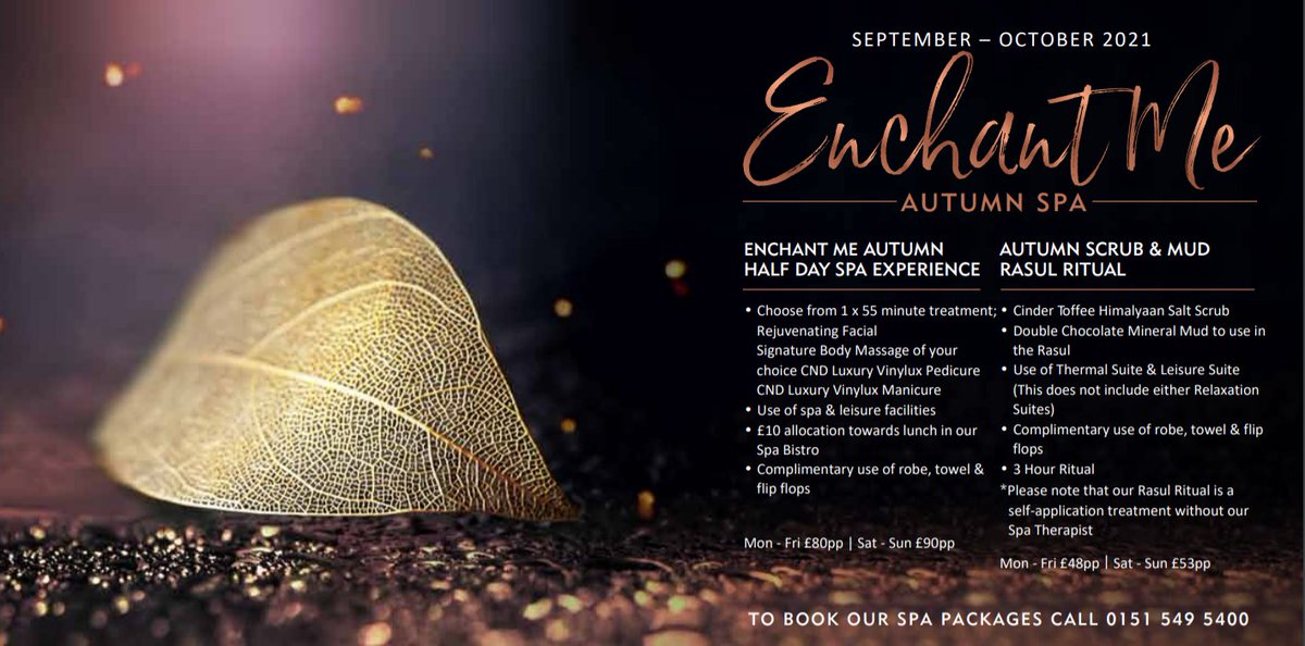 Enchant Me Autumn Spa Day 🙌🏻🍂🤍💆🏼‍♀️

▪️ Mon-Fri £80pp. Sat-Sun £90pp.
▪️ Mon-Fri £48pp. Sat-Sun £53pp. 

📲 0151-549-5400 to speak to our spa team today