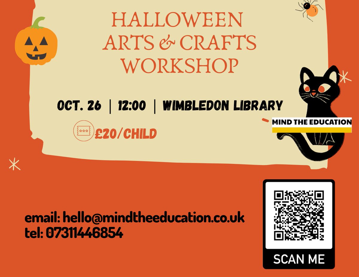 MertonArtsSpace's tweet photo. Visit Wimbledon Art Space for a fantastic time !
Join Sema to decorate a Witches hat, make a Candy boo basket and create your very own Halloween mask 
For more information or to book a place please use the QR code below or email: hello@mindtheeducation.co.uk 
@MertonLibraries https://t.co/1PAfYrxPoy