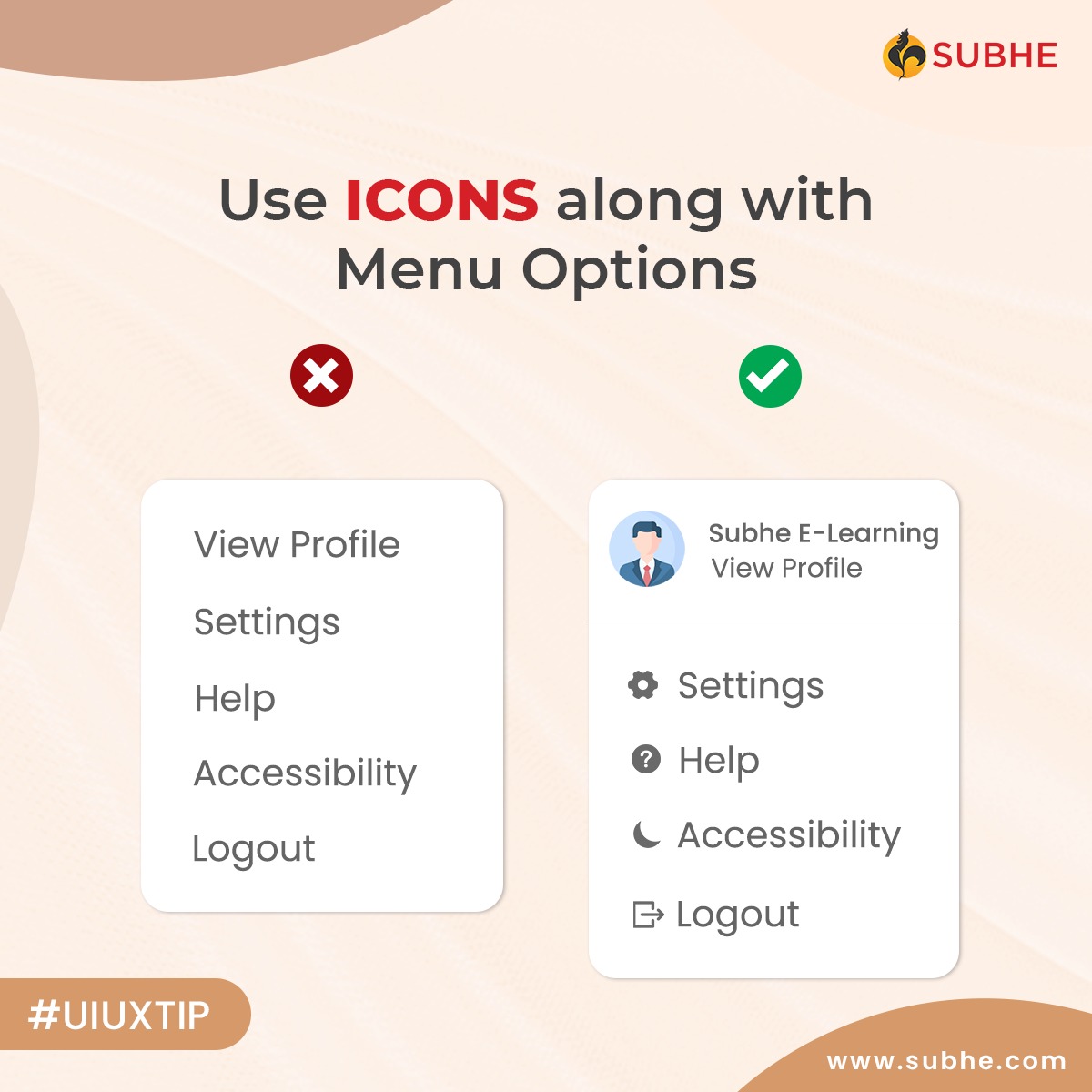 subhelearning's tweet image. Use easy-to-understand icons with menu options as they grab the attention of the users and can be recognized faster.

#UIUXTip #webdesign #uiuxtips #designtips #uiux #uiuxdesign #ui #uiuxinspiration #figma #elearning #onlinelearning #learning #edtech #skills #subhe
