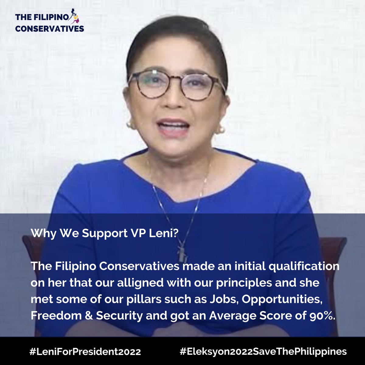 TFCConservative's tweet photo. The Filipino Conservatives is now officially endorsing VP Leni Robredo for President after she got an average score of 90% on our principles, SP Sotto and Fmr. Sen Trillanes for Vice President as they got 83% and 89% respectively. https://t.co/QFZl9uXHBq