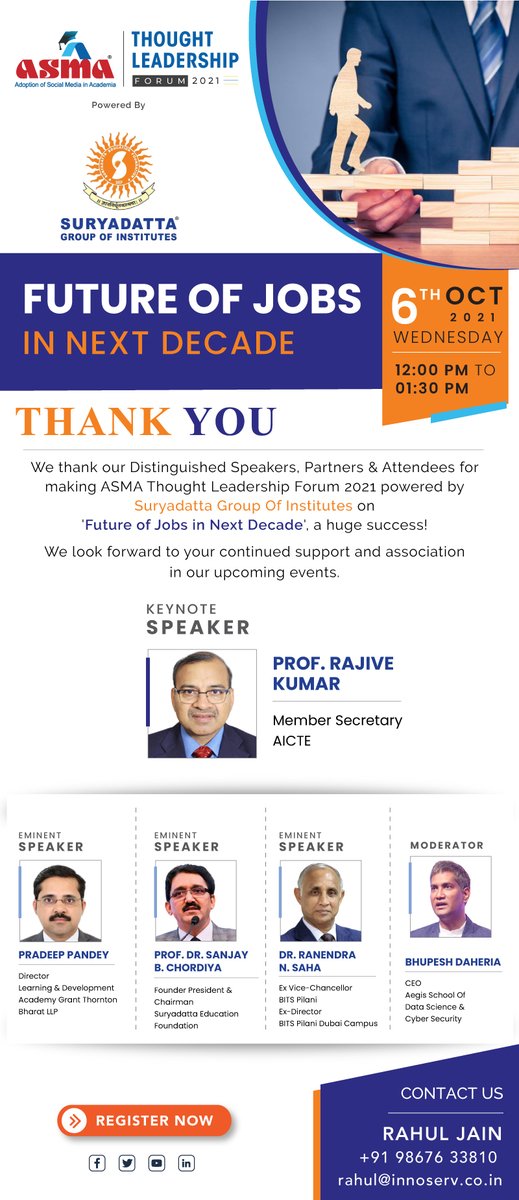 asmaacademia's tweet photo. We thank our Distinguished #Speakers, #Partners & #Attendees for making ASMA Thought Leadership Forum 2021, powered by @Suryadatta_Pune on 'Future of Jobs in Next Decade', a huge success!
Watch Full Video:- https://t.co/N00stpzFIg
#ASMAwebinar #ThoughtLeadershipForum https://t.co/9GqYNLnD3m