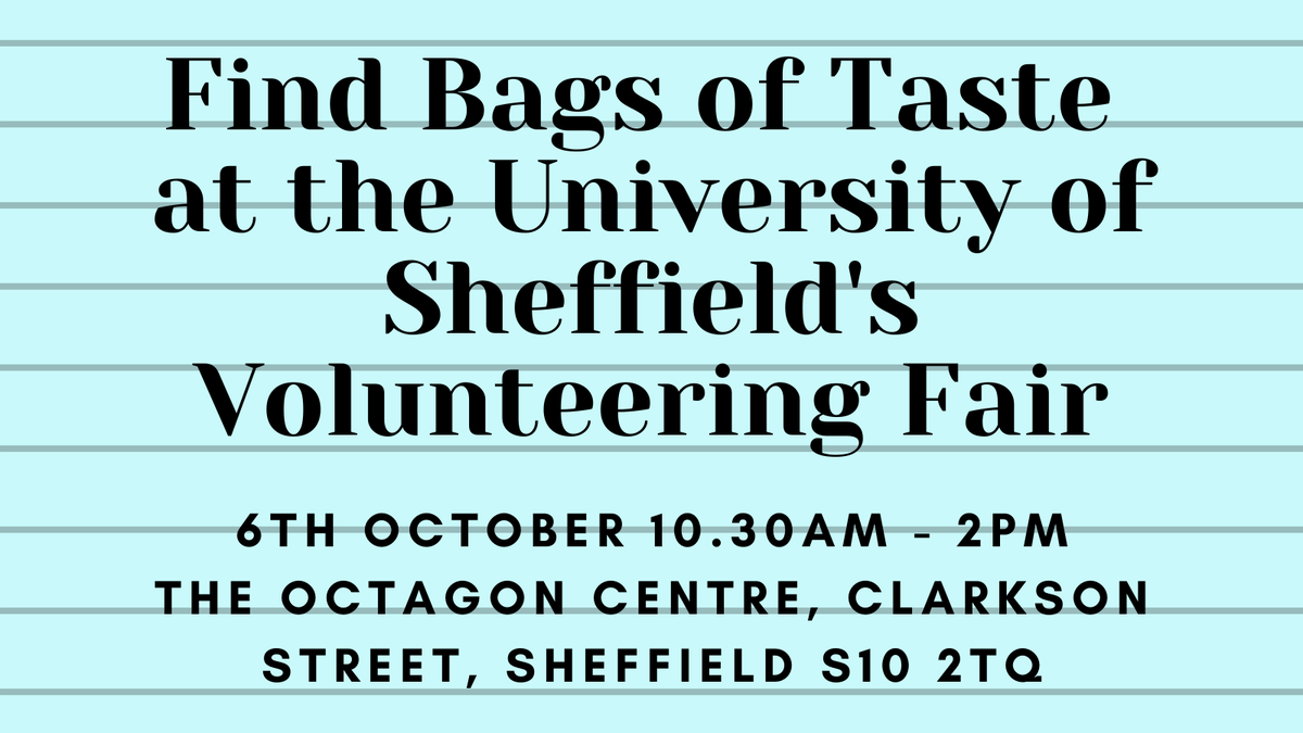 BoTSheffield's tweet photo. Join #BagsOfTaste at the @Shef_Volunteer's Part Time Jobs &amp; Volunteering Fair today, &amp; find out more about our rewarding volunteering roles✨ We look forward to seeing you there! #Sheffield #University #Volunteering #sheffieldstudents https://t.co/wt4heKJzmV