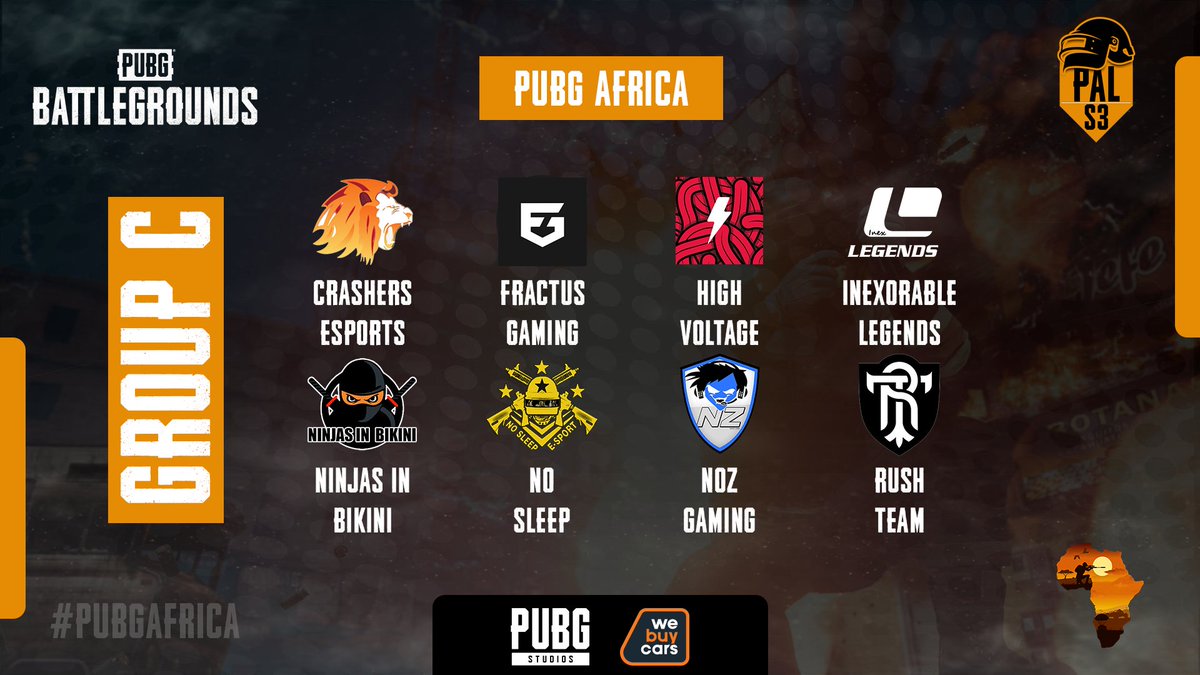 PUBG_Africa's tweet photo. Group C is ready for action!
Be sure to take a look in which group your favorite team is in.

Sponsored by @PUBG, @Arabi_PUBG and @WeBuyCars_SA https://t.co/5rZJqvd6o5