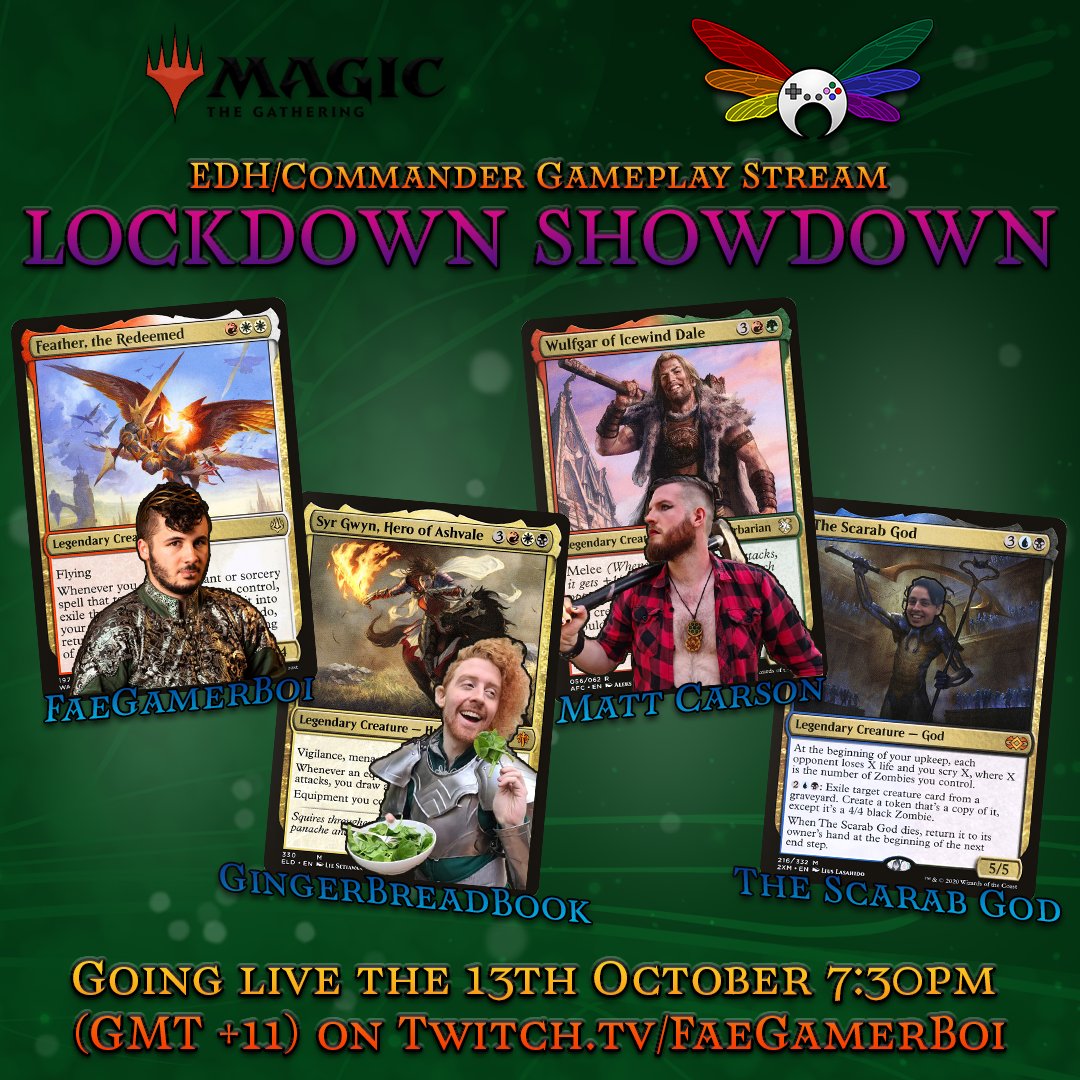 FaeGamerBoi's tweet photo. Heya folks, I'm finally ready to announce a project I've been working on: Lockdown Showdown! An MTG Commander Stream. We've got a lovely group of people for what promises to be an exciting and hectic game, so drop in and show some love!
See you there 🥰
https://t.co/VrudNyxoaV https://t.co/id2yTQeZEE