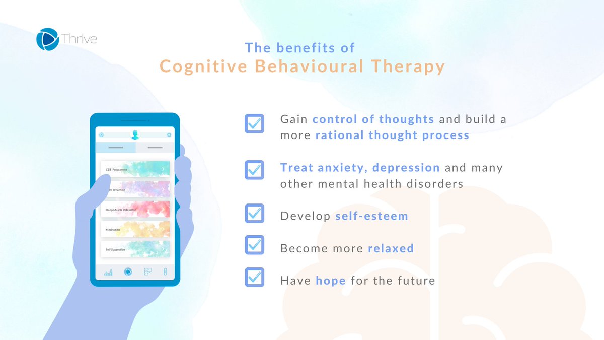 Thrive: Mental Wellbeing is based on the principles of Cognitive Behavioural psychology, which is related to how we think, feel and act.

We are proud to offer a full Cognitive Behavioural Therapy programme within the Thrive: Mental Wellbeing app cutting any waiting times! 🧠