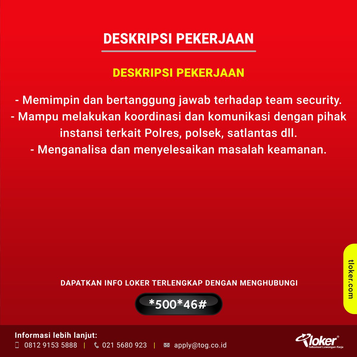 info_tloker's tweet photo. LOWONGAN PEKERJAAN CHIEF SECURITY

Kirim CV terbaru kamu ke nomer kontak atau email yang tertera pada design gambar. Like dan Share lowongan ini kepada teman, saudara atau tetangga kamu yang membutuhkan. https://t.co/D0DQ0b8CI2