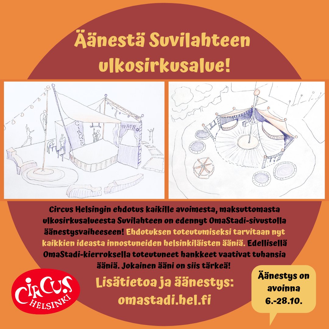 CircusHelsinki's tweet photo. Circus Helsingin ehdotus kaikille avoimesta, maksuttomasta ulkosirkusalueesta Suvilahteen on edennyt OmaStadi-sivustolla äänestysvaiheeseen! Äänestää voivat kaikki ideasta innostuvat helsinkiläiset. Lisätietoa ja äänestys: https://t.co/Bohv6FcEdv https://t.co/MF9gIKxWUY