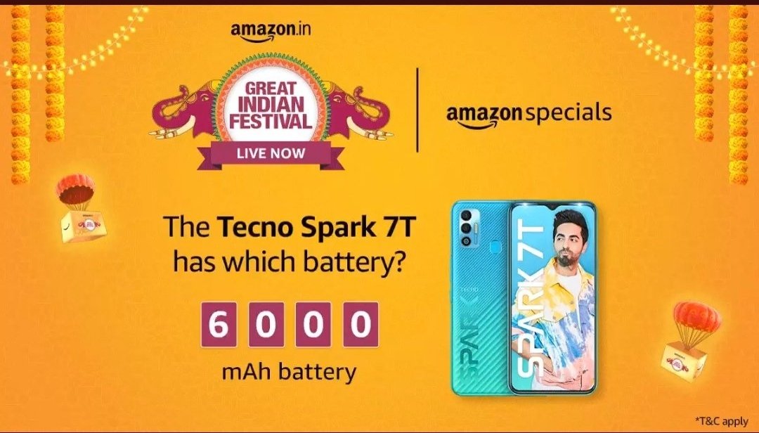 BhatWamiq's tweet photo. @amazonIN Tecno Spark 7T has 6000 mAh Battery🔋

#AmazonGreatIndianFestival 
 #TecnoSpark7TOnAmazon 
#AmazonSpecialsTecnoSpark7T
@amazonIN 

Join
@MujeebAshraf28 
@faisalmanz00r 
@iqra_beigh 
@Sehar_Rehbar 
@aleenrabbani https://t.co/BYuCMEkBfT