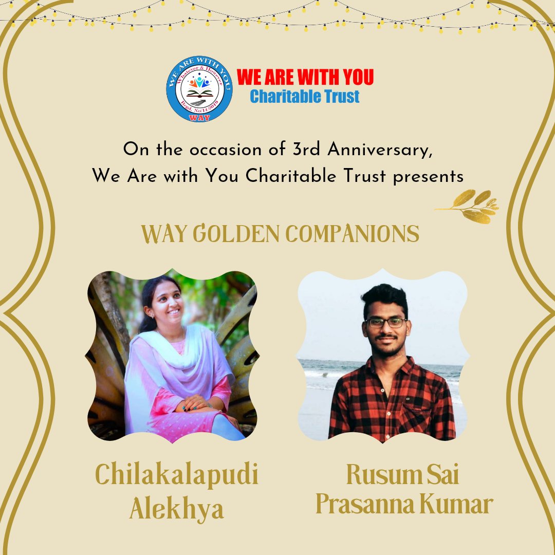 wearewithyouct's tweet photo. We are glad to present you the *Golden Campanions* of We Are with You Charitable Trust. In their very busy life schedule they are sparing time to serve society.
We are thankful to you both
#WAYCT #WAYFORWELFARE #volunteers #PrideAwards https://t.co/6XvKhh7uM7