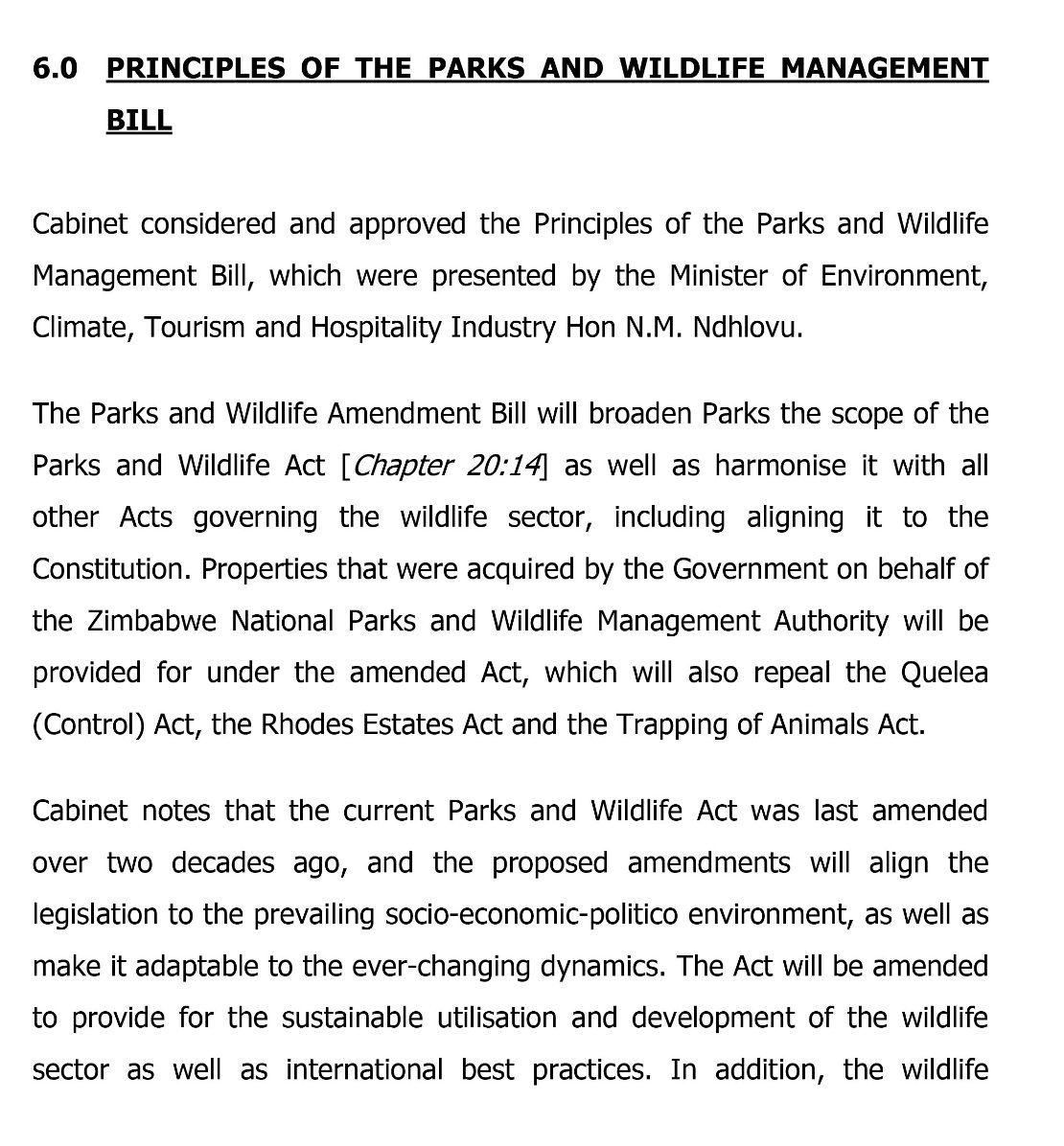 CALR_'s tweet photo. Post Cabinet Briefing : Cabinet considered and approved the Principles of the Parks and Wildlife Management Bill https://t.co/OuGnab04du