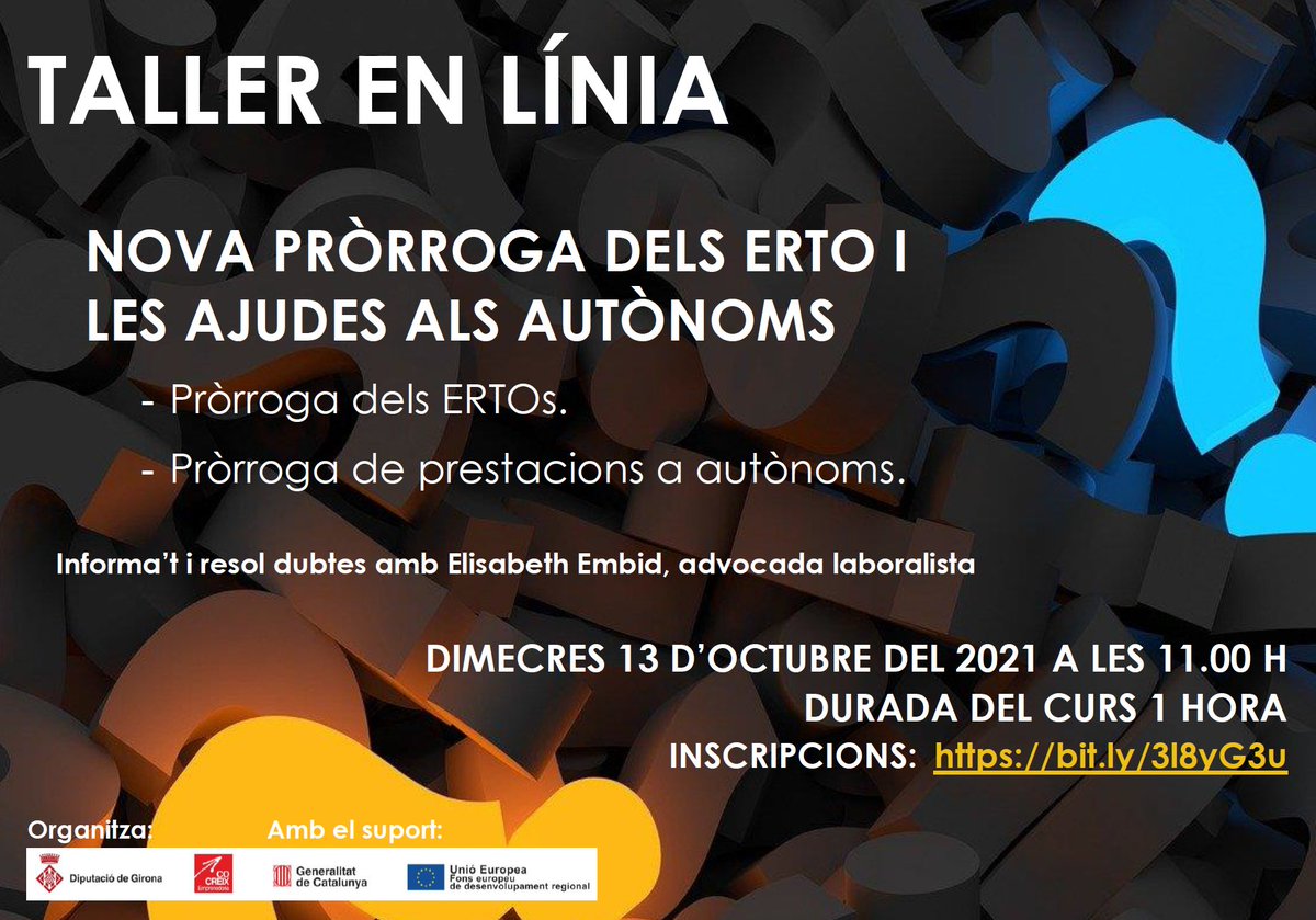 DiputacioGirona's tweet photo. 🙋Ep, empresaris gironins! Voleu saber com us afecta la nova pròrroga de les mesures laborals i ajudes a autònoms aprovades pel Govern? Us ho expliquem.
🗓️Dimecres, 13 d'octubre
⏰11.00 h
✍️Inscripcions ▶️https://t.co/bQeVg4Rg7P
#COCREIX #fonsFEDER #PromoecoDdGi #PECTInnovacio https://t.co/SA7OHvQDnj