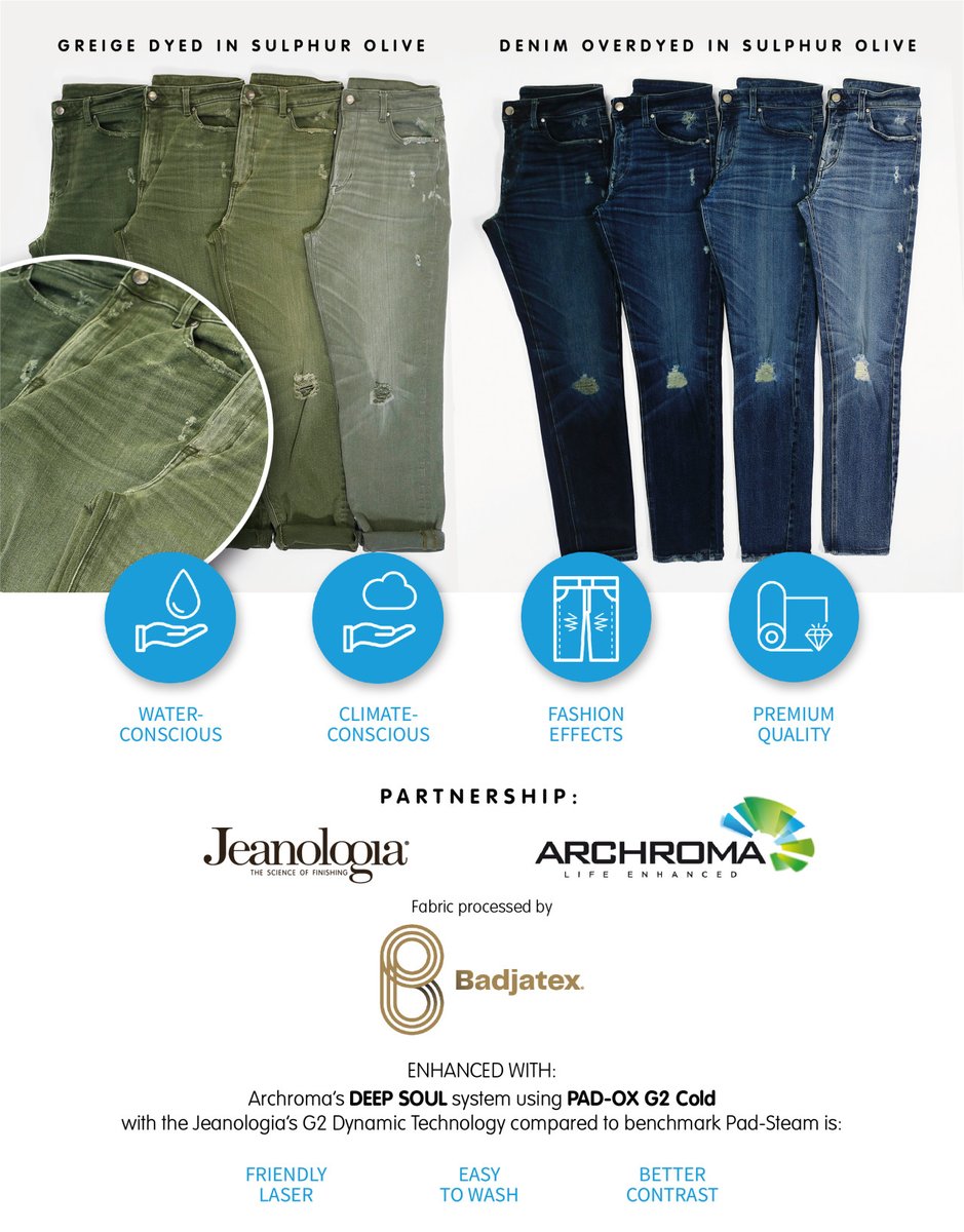 We are glad to share the #sustainable #jeanswear collection with fabric processed by @Badjatex, using PAD-OX G2 Cold technology developed by Archroma & @Jeanologia. For more information: archroma.com/systems/deep-s… #textileinnovation  #itsournature #waterconscious #climateconscious