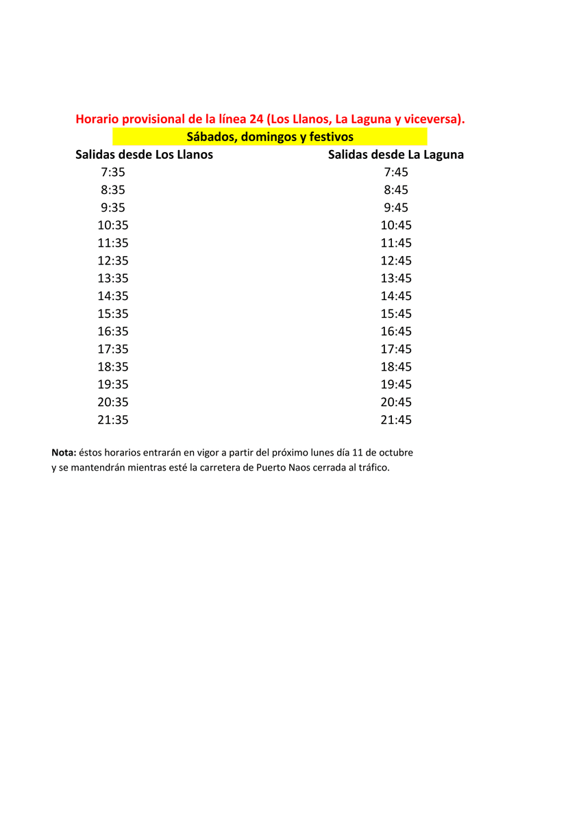 LineasTilp's tweet photo. ℹ NUEVOS HORARIOS DE LA LÍNA 24 Y DE LA LÍNEA 5 A PARTIR DEL LUNES 11 DE OCTUBREℹ

➡A partir del próximo lunes 11 de octubre, estos serán los horarios de la línea 24 y de la línea 5.

#tilp #lapalma https://t.co/rwbOjflXIo