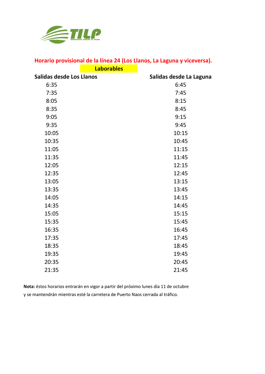 LineasTilp's tweet photo. ℹ NUEVOS HORARIOS DE LA LÍNA 24 Y DE LA LÍNEA 5 A PARTIR DEL LUNES 11 DE OCTUBREℹ

➡A partir del próximo lunes 11 de octubre, estos serán los horarios de la línea 24 y de la línea 5.

#tilp #lapalma https://t.co/rwbOjflXIo