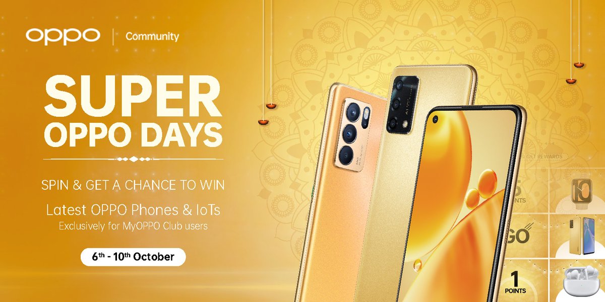 OPPOIndia's tweet photo. It's now Time to Spin and Win OPPO’s latest F19s in the OPPO Raffle. Take your chance and use your MyOPPO reward points to grab OPPO Products, IoTs &amp; Coupons! 
#SuperOPPODays #SpinAndWin #MyOPPO
Play now: https://t.co/Ve6x3CoPrR https://t.co/fxPs7vloQK